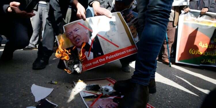 מפגינים ערבים בחברון מציתים תמונות של טראמפ. צילום: AFP דרך ארוכה-קצרה: עסקת המאה היא לא הסוף, וזה בסדר