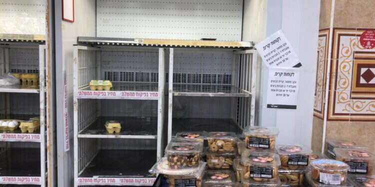 הפיקוח יוצר מחסור. מדפי ביצים ריקים ברשתות השיווק. צילום: ישי הולנדר לתרנגולות אין קורונה, אז למה אין ביצים בסופר?