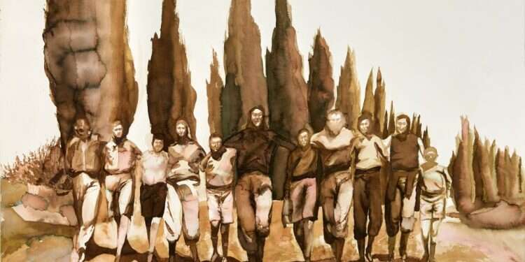 תהילה וולפסטל, ילדי טהרן בחוות הלימוד בירושלים 1943 , דיו צבעוני על נייר, 2019