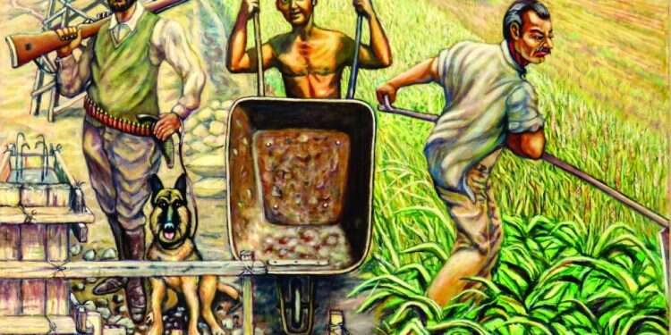 סאגה הלקוחה מהמיתוסים על החלוצים שנכדיהם נופלים לידיו של מחזיר בתשובה ירושלמי יונתן טל, אנדרטה לראשוני החלוצים בעמק, שמן על בד, 2018 חסידות שוליים: מעבודת האדמה לעבודת השם