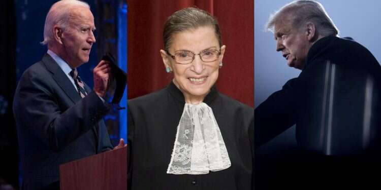 טראמפ, ביידר גינזבורג וביידן. צילומים: AFP, EPA בקרב על מחליפה לביידר גינזבורג, הכל שאלה של עמדה