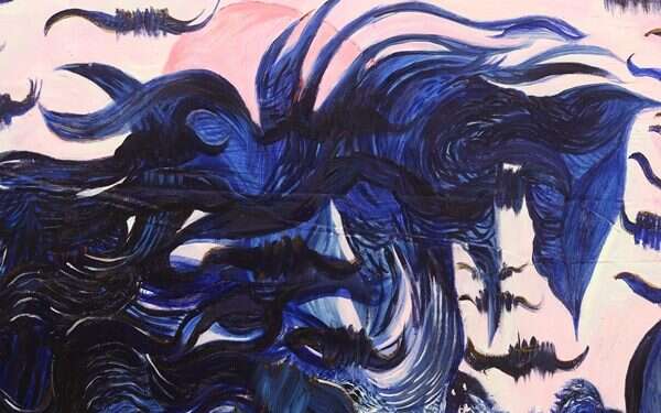 הדיכאון קולע אותך לדרך ללא מוצא. רקפת וינר עומר, פרט מהציור אוטובוסים בים, שמן וטכניקה מעורבת על בד, 2018 . הוצג בגלריה טדי האפשרות להחלים מהלם קרב ומדיכאון