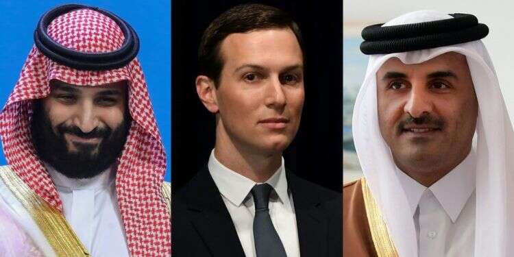 מימין: אמיר קטאר תמים בן חמד אל ת'אני, ג'ארד קושנר, ונסיך הכתר הסעודי מוחמד בן-סלמן. צילום: AFP