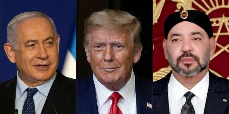 המלך מוחמד השישי, דונלד טראמפ ובנימין נתניהו. צילום: AFP רבאט לא מחכה: משלחת ישראלית-אמריקנית תצא למרוקו