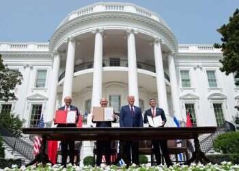 חתימת הסכמי כינון היחסים בבית הלבן בספטמבר 2020. צילום: AFP