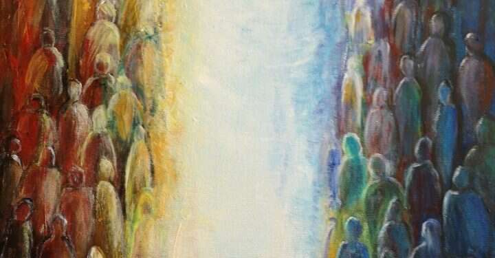 פלורליזם הוא חלק ממארג המערכת ההלכתית. מיכאל (מישל)רוזיאביץ, בני אור ובני חושך, אקריליק על קנבס, 2018.