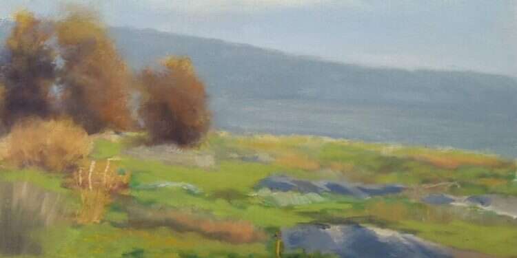 לצאת ממעונות האופל אל האדמה הטובה. שי אביבי, נוף מתל יזרעאל, שמן על בד מוצמד לעץ, 2019.