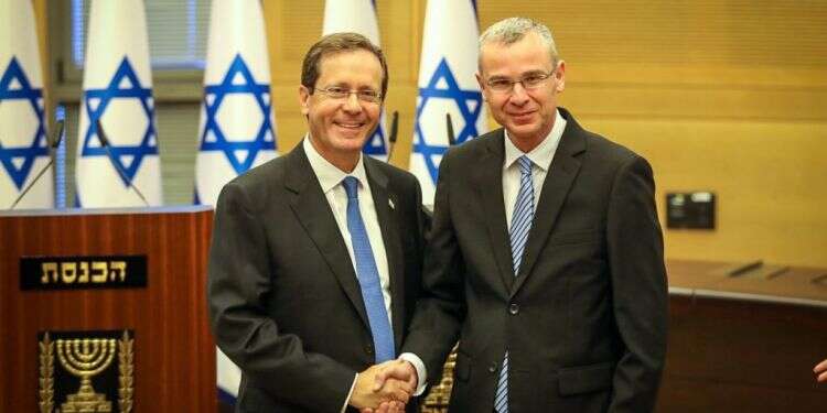 הנשיא הרצוג עם יריב לוין, ארכיון. צילום: דוברות הכנסת, נועם מושקוביץ הנשיא הנבחר יצחק הרצוג: "מקבל עליי את האחריות הכבדה"