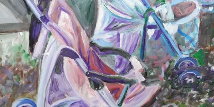 אפשר להבין את מניעיה של נוטשת התינוקת, אבל היא נותרת ממוסכת מבחינה רגשית. דינה לוזון זייפר, עגלת תינוק ישנה, אקריליק, 2017 הסכמי אברהם: בלי מילימטר אחד של אסקפיזם