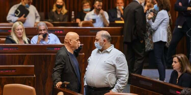 מנסור עבאס ועיסאווי פריג'. במליאה. צילום: דוברות הכנסת, נועם מושקוביץ מלחישות במזנון לצעקות במליאה: כך נפל חוק האזרחות