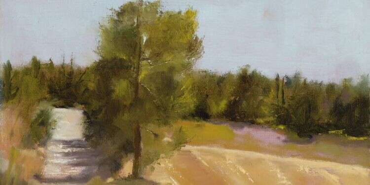 הבה נשב ונכרות את ברית הדרך. אתי יעקב, עץ בודד בנוף, שמן על בד מוצמד לעץ, 2020. צילום: אבי אמסלם