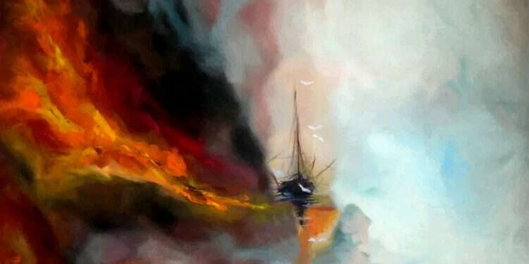 אנו תלויים זה בזה כחבורת נוסעים על ספינה המטרפת בלב ים. רושינה מריו, אקריליק, 2021 . צילום: שוקי כהן. מתוך התערוכה בבית חיל האוויר הרצליה