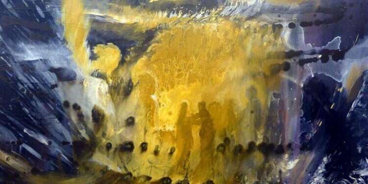 יורם רענן, יעקב נלחם בעשיו, אקריליק על קנבס' 2015 מסע אל מעבר היבוק מספק תשובה למהלך התמוה של יעקב אבינו