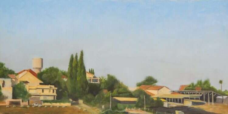 כפר הרא״ה, מראה ממזרח. ציור: מאיר צוקרמן