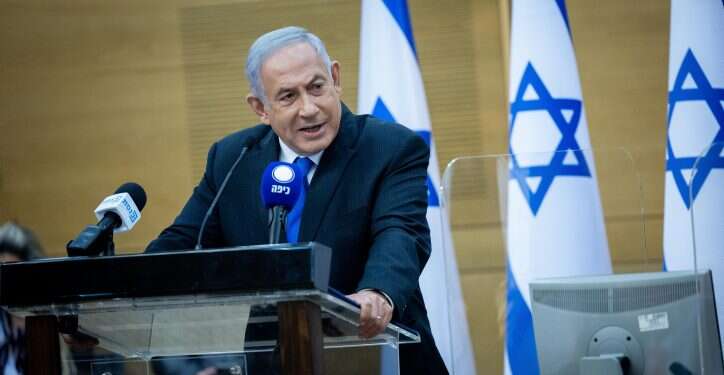 ראש האופוזיציה נתניהו בישיבת סיעת הליכוד. צילום: יונתן זינדל/פלאש90 "מדינה פלסטינית קמה בתוככי ישראל, מעפולה לבאר שבע"