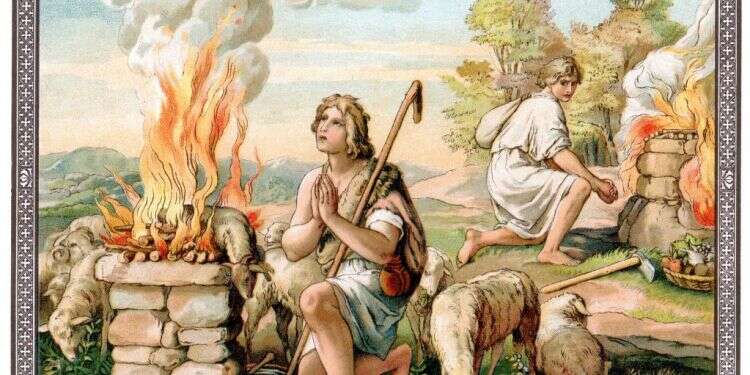 סיפור קין והבל חושף את יחסו של המקרא לקורבנות. מנחות קין והבל בליטוגרפיה מ־ 1880. איור: גטי אימג'ס