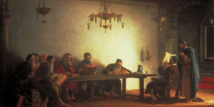 ציור של ז'אן ז'ול־אנטואן לקומטה דו נואו, ישיבת רבנים במרוקו, 1882