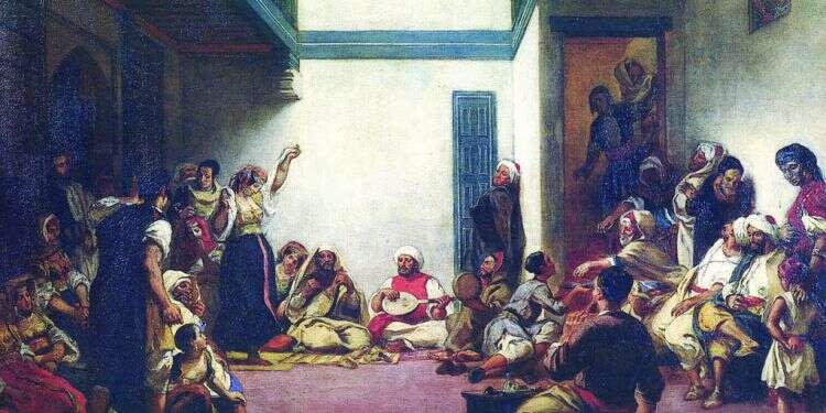 חתונה יהודית במקנס, מרוקו. איור: יוג'ין דה לקרואה, 1839 . הציור מוצג במוזיאון הלובר בפריז