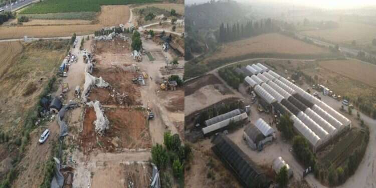 המתחם הלא חוקי בגדרה לפני ההריסה ולאחריה. צילום: הרשות לאכיפה במקרקעין סולקה פלישת הבדואים לאדמות חלוצי ביל"ו בגדרה