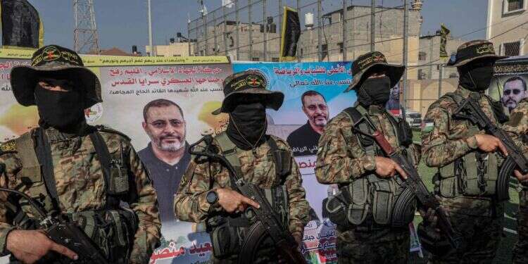 פעילי הג'יהאד האסלאמי בעצרת זיכרון להרוגי הארגון, השבוע. צילום: AFP