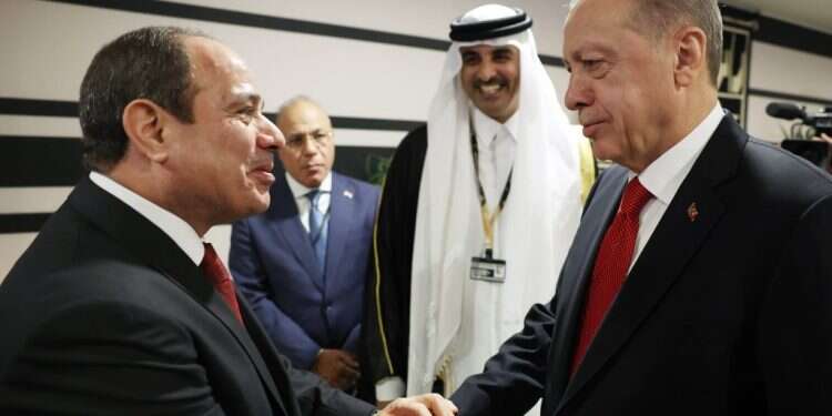 ארדואן וא-סיסי במפגשם במונדיאל. EPA "שיתוף פעולה רציני": לאחר שנים של מתיחות יחסי טורקיה ומצרים מתחממים