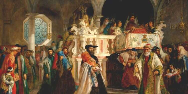 שמחת תורה בבית הכנסת הגדול של ליוורנו, 1850. איור: סלומון הארט