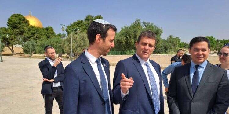 חברי הכנסת דן אילוז, אריאל קלנר ועמית הלוי בהר הבית. צילום: ארנון סגל "מנהיגי הכיבוש פולשים לאל אקצא": תמונות הח"כים שעלו להר הבית פורסמו ברשתות החברתיות