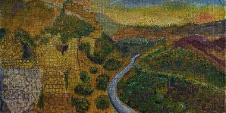 הניה לוינשטיין, נוף עם חורבות בהרים, שמן על בד, 2017