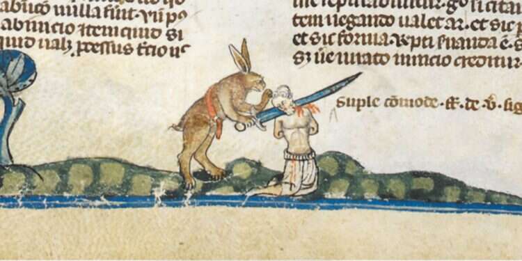 ארנב מוציא להורג צייד, מתוך כתב היד משנת 1340. קרדיט: הספרייה הבריטית מחקר: ההומור הנפוץ בימי הביניים – בדיחות על ארנבות רצחניות