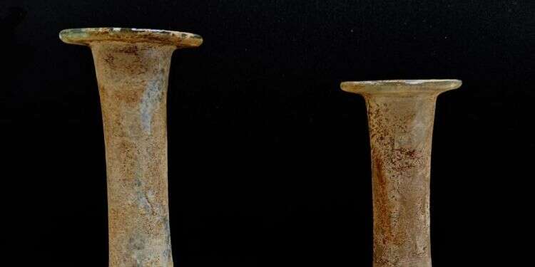 הבקבוקים העתיקים. צילום: אנסטסיה שפירו, רשות העתיקות  המבצע להחזרת עתיקות: הושבו בקבוקים דמויי פמוט בני 1,700 שנה