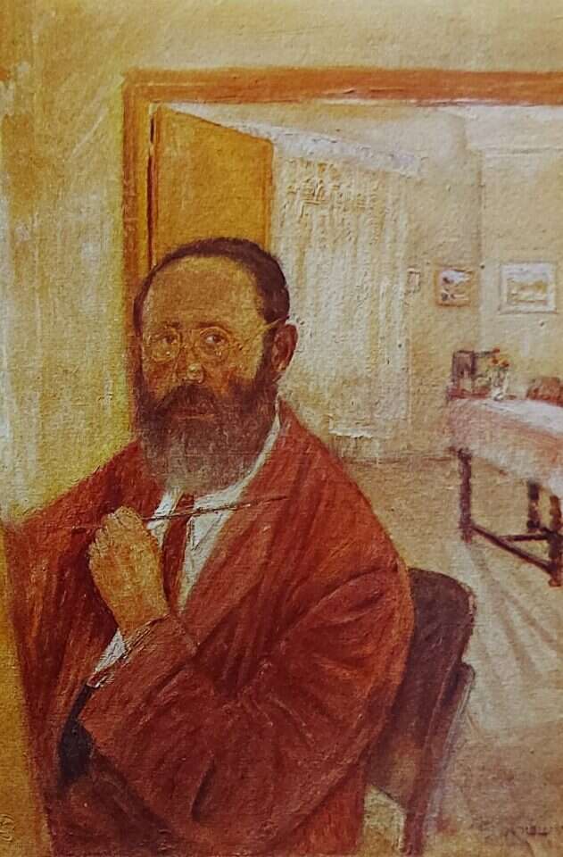 דיוקן עצמי של הרבי, צבעי שמן, 1946. איור: ר' אברהם יעקב שפירא. מתוך האוסף של ד