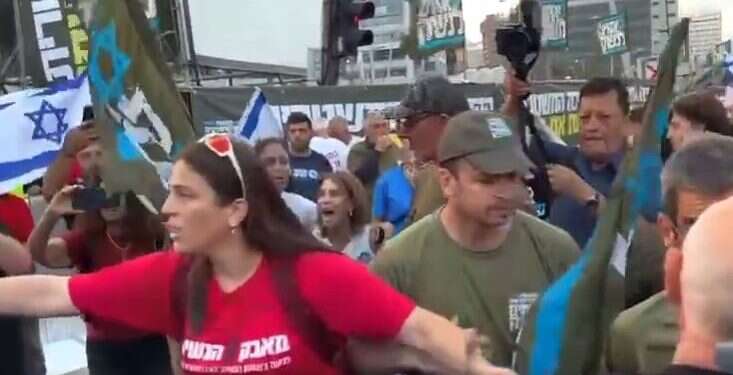 עימותים בין המפגינים נגד הרפורמה. צילום מסך מתוך סרטון בטוויטר עימותים ואלימות בין הארגונים המפגינים: "אם הוא מגיע לנתב"ג אני לא מגיע"