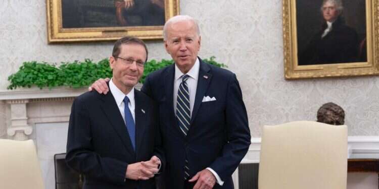 הרצוג וביידן במהלך פגישתם בבית הלבן. צילום: Chris Kleponis הרצוג וביידן נפגשו: "הדמוקרטיה בישראל איתנה, חזקה ויציבה"