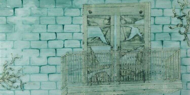 המרכז הרפואי נראה כמו מקום מושלם למות בו. טל גולני, מלון הנשיא (פרט), שמן ומסקנטייפ על נייר פרגמנט, 2022. צילום: טל ניסים. באדיבות בית האמנים ירושלים