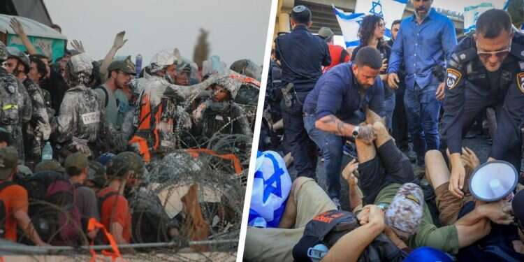 מימין: מפגינים נגד הרפורמה בעימותים עם שוטרים, השבוע | משמאל: מפגינים נגד ההתנתקות בכפר־דרום. צילום: נועם ריבקין -
פלאש 90