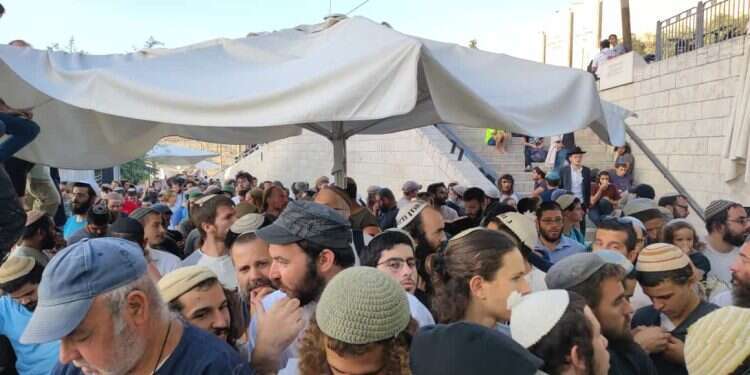 העולים מחכים בצפיפות בכניסה להר הבית. צילום: אברהם שאול פואה תשעה באב בהר הבית: עולים מדווחים על אלימות משטרתית | צפו בתיעוד
