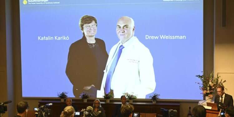 זוכי פרס הנובל לרפואה 2023, קתלין קריקו ודרו ווייסמן. צילום: Jessica Gow, AP זוכי פרס נובל ברפואה: המדען היהודי ועמיתתו שהובילו לפיתוח חיסוני הקורונה