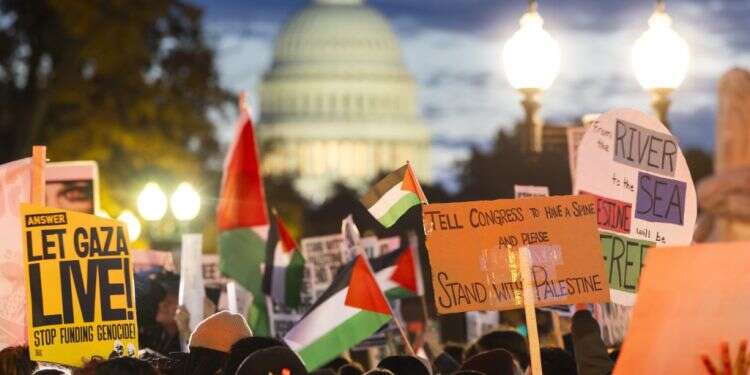 הפגנה פרו-פלסטינית מחוץ לתחנת יוניון בוושינגטון. צילום: אי.פי.איי יהודי ארה"ב גילו שהם המיעוט היחיד במדינה שלא זכאי להגנה