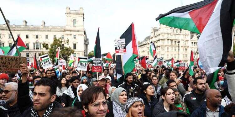 הפגנה פרו פלסטינית מול בית הפרלמנט בלונדון, צילום: AFP "חיי היהודים באירופה בסכנה. השמירה על ביטחונם נמצאת בידי הממשלות"