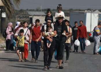 פלסטינים נמלטים מצפון רצועת עזה, בתחילת המלחמה. צילום: AFP שידור חי: תושבי צפון עזה נמלטים דרומה