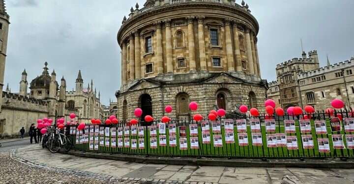 מיצג למען החטופים אונ אוקספורד. צילום: יעל זיו אפילו בהארוורד: מיצגים בעד ישראל ונגד חמאס הוקמו ב-30 אוניברסיטאות בכל העולם