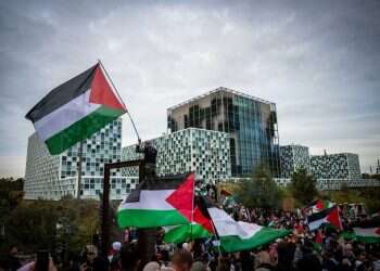 הפגנה פרו־פלסטינית מול בית הדין הבינלאומי בהאג. צילום: אי.פי.איי