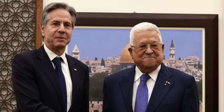 מזכיר המדינה האמריקני אנתוני בלינקן ויו"ר הרשות הפלסטינית אבו מאזן, היום ברמאללה