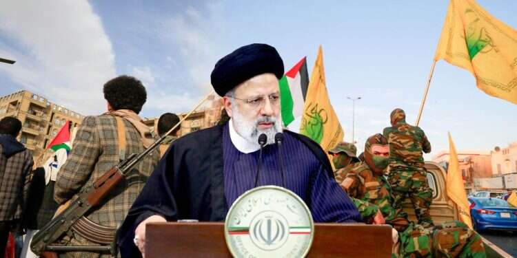 נשיא איראן איברהים ראיסי. ברקע: מחבלי קאטיב חיזבאללה ומחבלים חות'ים בתימן. צילומים: AFP, EPA