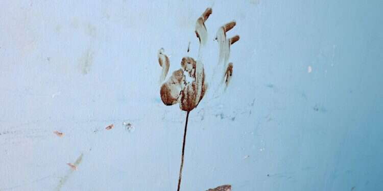 סימן יד מגואל בדם באחד מהבתים בקיבוץ ניר עוז. צילום: AFP ב-7 באוקטובר ראינו שהברברים הם אמיתיים, נמצאים לידינו ומוכנים לתקוף