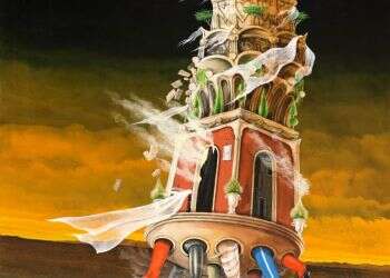 יותר מדי אנשים, יותר מדי חדרים, יותר מדי מפלסים בבית שלא מפסיק להיבנות. ברוך אלרון, "מגדל בבל", שמן על בד, 1997. מוצג בתערוכה "ישראל - אובדן התקווה והתקומה", מוזיאון הצייר משה קסטל, מעלה אדומים