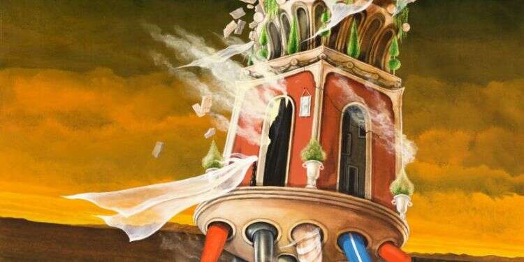 יותר מדי אנשים, יותר מדי חדרים, יותר מדי מפלסים בבית שלא מפסיק להיבנות. ברוך אלרון,  יותר מדי אנשים, יותר מדי חדרים, יותר מדי מפלסים בבית שלא מפסיק להיבנות. ברוך אלרון, "מגדל בבל", שמן על בד, 1997. מוצג בתערוכה "ישראל - אובדן התקווה והתקומה", מוזיאון הצייר משה קסטל, מעלה אדומים