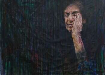 האם העיוורת למחצה התקשתה לשאת את סובביה חנה גולדברג, שמן על בד, 2022 . מתוך התערוכה "עיניים עצומות", המכללה ע"ש דוד ילין בירושלים