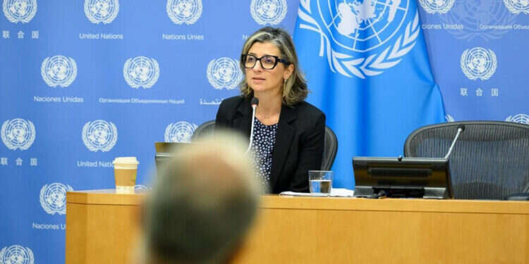 הדווחית המיוחדת פרנצ'סקה אלבנזה מוסרת הצהרה במטה האו"ם