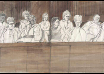 האמריקנים גאים מאוד בשיטה הייחודית הקוראת לאזרחים מהשורה להתייצב למילוי ייעודם הדמוקרטי. חבר מושבעים בבית משפט בשיקגו. איור: פרנקלין מקהמן, גטי אימג'ס